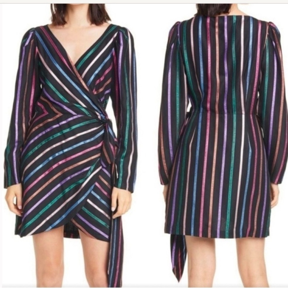 Tanya Taylor Metallic Striped Wrap Sheath Dress